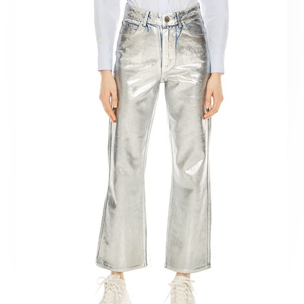 Sandro Rolland high rise flared painted jeans in silver